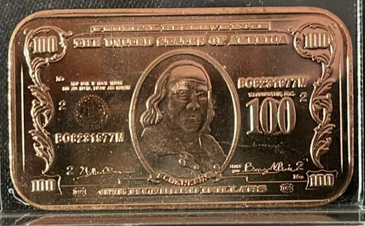 1oz Copper Bar - $100 Bill Design