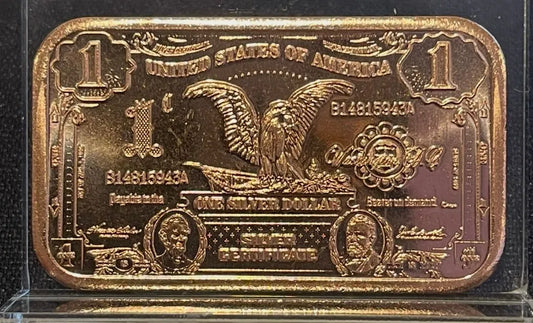 1oz Copper Bar - 1899 Black Eagle $1 Bill Design